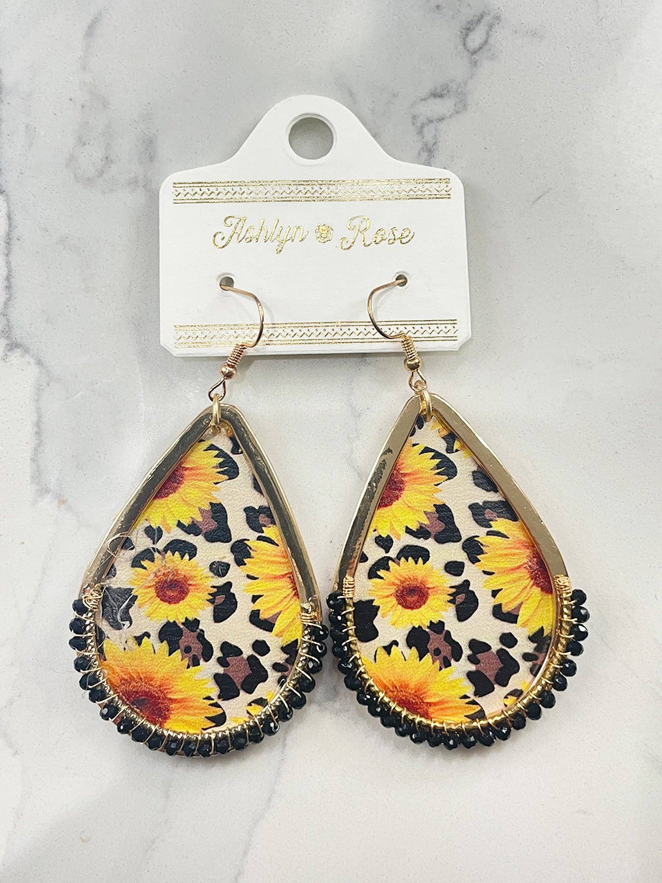 IN MY DAISY DUKES SUNFLOWER LEOPARD TEARDROP GOLD EARRINGS